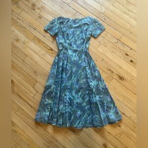 Vintage Blue and Green Abstract Midi Dress